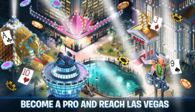 Promotional image for online poker games showing colorful Las Vegas-style casinos, poker chips, and playing cards with the slogan “Become a Pro and Reach Las Vegas.”