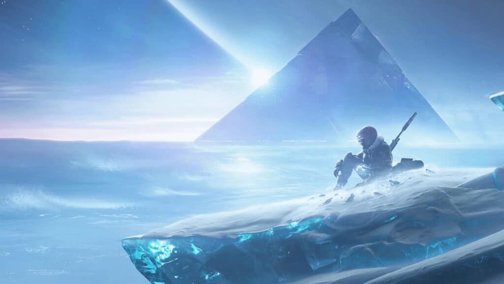 『Beyond Light』では、未来的な鎧をまとった孤独な人物が、広大な星空の下の氷の地形に座り、光り輝くピラミッドと大きな惑星が描かれている。