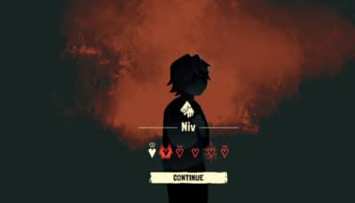 Stylized roguelike game scene showing a dark silhouette of a character named Niv with a red background, displaying hearts and a “Continue” button
