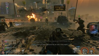A first-person gameplay scene from Call of Duty: Black Ops 7 showing soldiers moving through a destroyed city street during an evacuation, with burning vehicles, debris, and a glowing HUD marking objectives