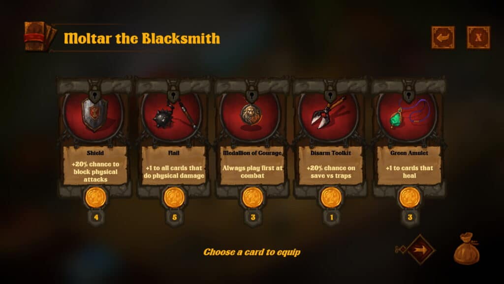 Dark Quest 4 screen showing Moltar the Blacksmith’s selection of cards including Shield, Flail, and Green Amulet