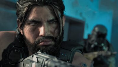 A close-up of a soldier aiming his weapon in a tense mission scene from Call of Duty: Black Ops 7, with another operative visible in the background.