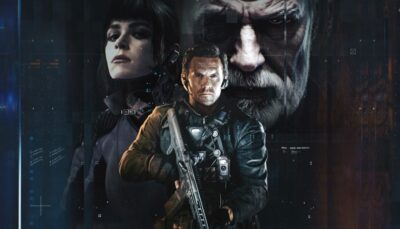 A futuristic operative holding a rifle stands in front of two looming character faces in a high-tech, digital-style poster for Call of Duty: Black Ops