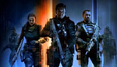 Three armed soldiers stand against a split blue-orange background, posing with futuristic military gear