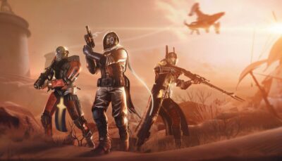 Three armored Guardians from Destiny 2 stand ready for battle on a dusty, sunlit battlefield, wielding futuristic weapons as a ship flies overhead.