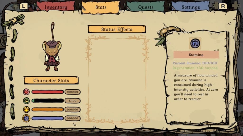 Winter Burrow stats screen showing the mouse’s health, stamina, and status effects