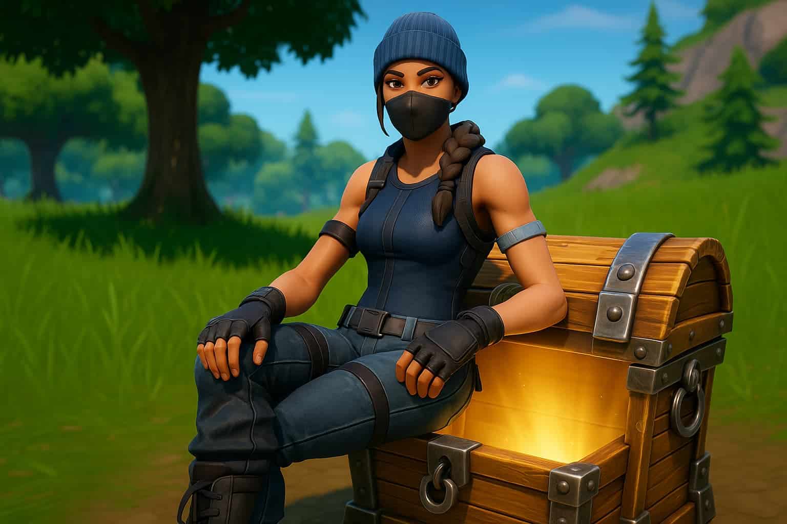 Fortnite character sitting on a chest