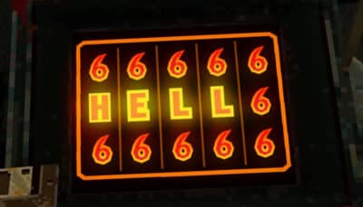 Slot machine screen from CloverPit: Unholy Fusion showing the word “HELL” across the reels surrounded by glowing 6 symbols