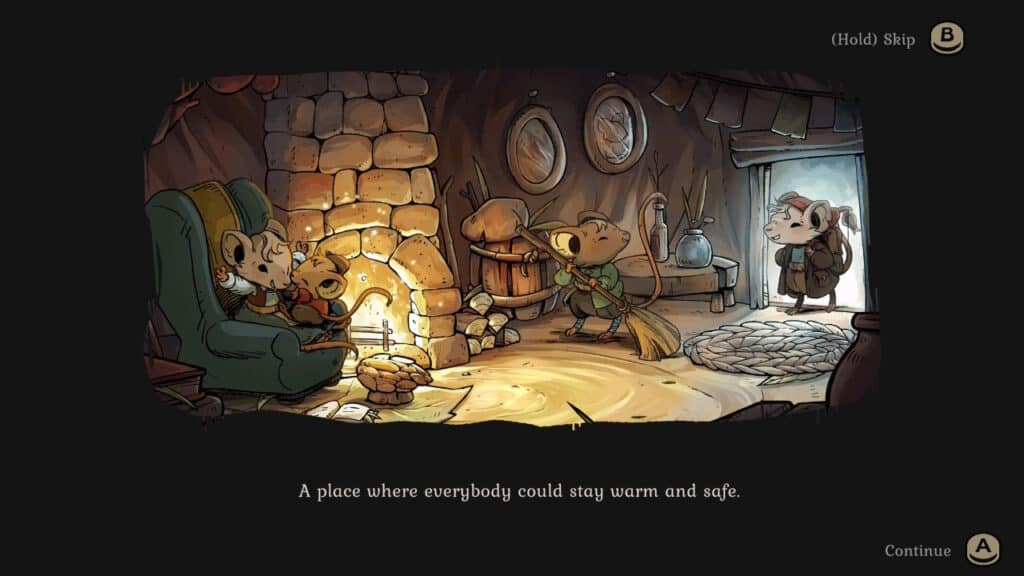 Family of mice gathered by a warm fireplace in Winter Burrow’s opening scene