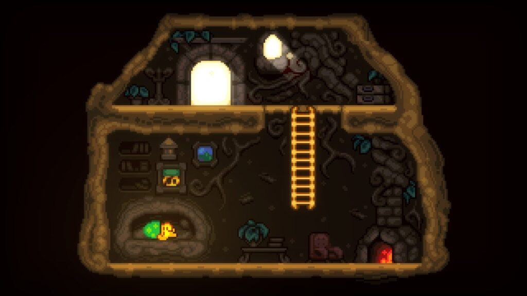 A warm underground house interior from Lone Fungus: Melody of Spores featuring a resting mushroom character