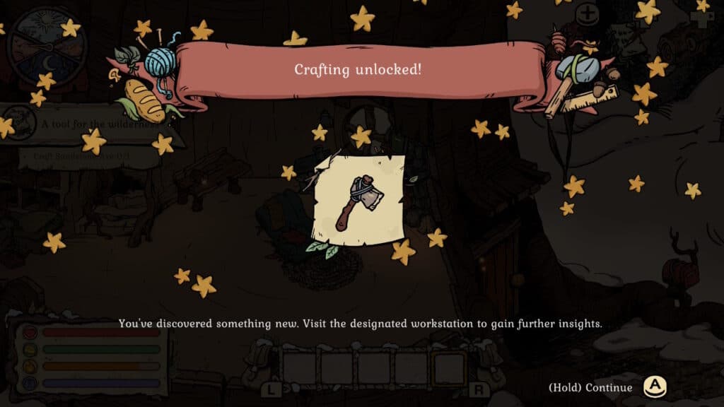 Winter Burrow notification showing that the crafting system has been unlocked with a new axe recipe