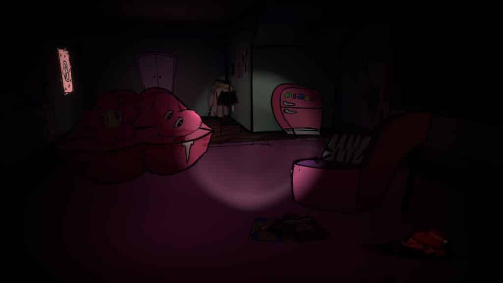A dimly lit room features a heart-shaped bed with a flower-themed blanket, a small refrigerator labeled "pizza," and scattered magazines in Oneway.exe