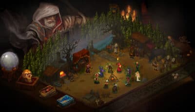 Overview of Dark Quest 4 tabletop-style game board showing heroes, vendors, and the overseeing wizard figure