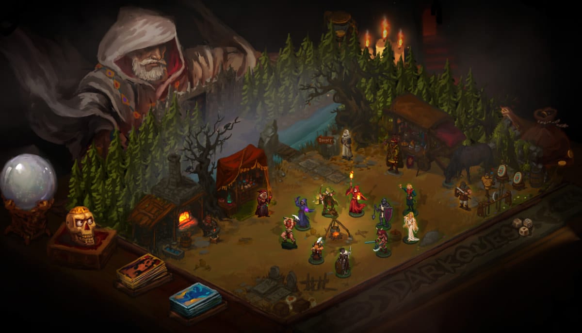 Overview of Dark Quest 4 tabletop-style game board showing heroes, vendors, and the overseeing wizard figure