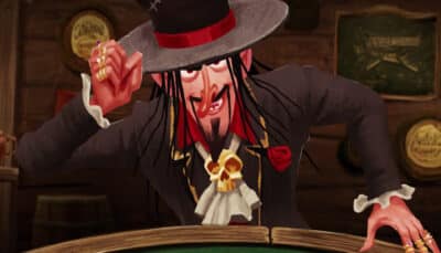 A sinister animated character with long hair, wearing a top hat and dark suit adorned with a skull brooch, leans over a poker table grinning in The Devil's Due