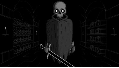 Pixel art grim reaper holding a sword in a dark crypt lined with skulls and candles in Dice of Kalma