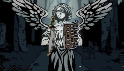 Statue with wings holding a sword and shield in Die For The Lich during an in-game event