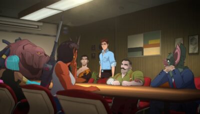A scene from Dispatch showing several animated characters — including a man in a blue shirt, a demon woman with horns, a masked creature in a suit, and a large monster — gathered around a conference table during a tense team meeting.