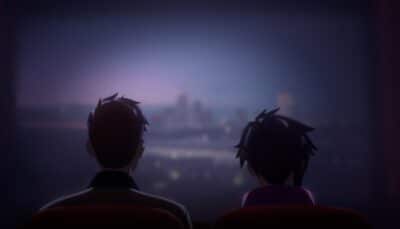 Scene from Dispatch showing two characters sitting side by side, viewed from behind as they look out at a blurred city skyline illuminated at dusk.