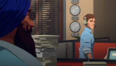 An animated call-center scene with agents working at their desks and world time clocks on the wall in Dispatch episode 8