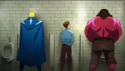 Three characters stand at urinals in a tiled bathroom in Dispatch