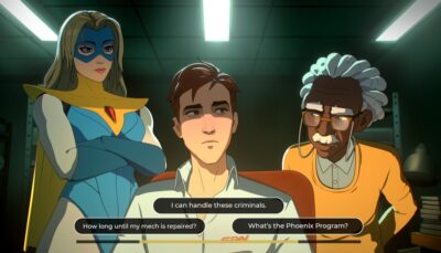 Three characters discuss mission options as the player chooses a dialogue response in Dispatch