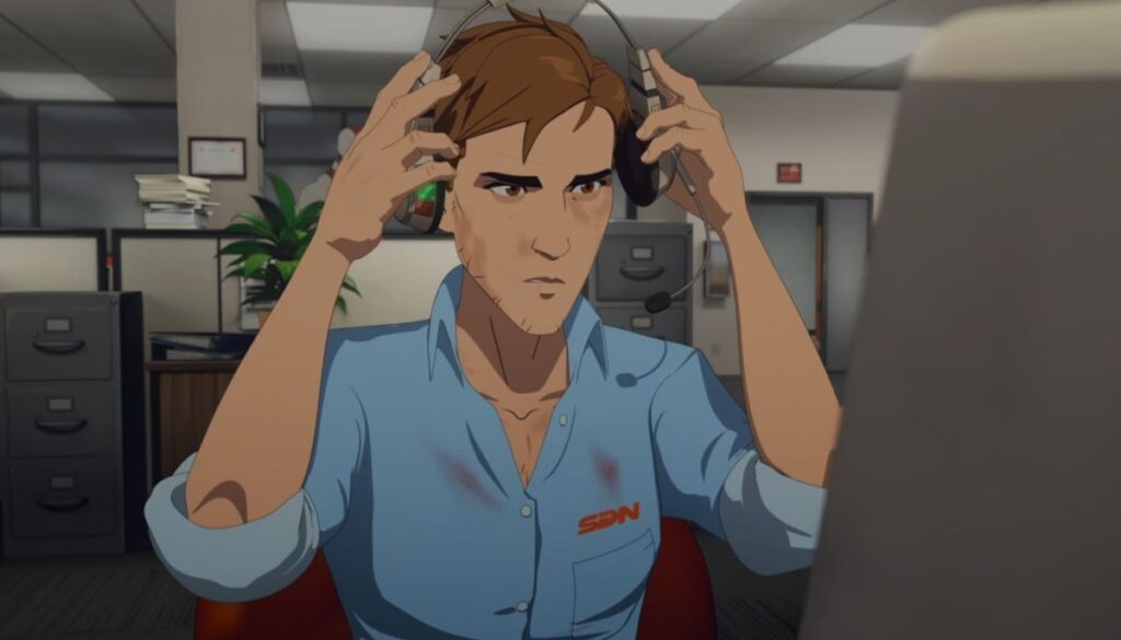 Animated Dispatch scene showing a focused office worker in a blue SDN shirt putting on a headset while seated at his desk