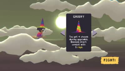 Dog Witch hovering on broom selecting the Groovy hat upgrade before combat in the game Dog Witch