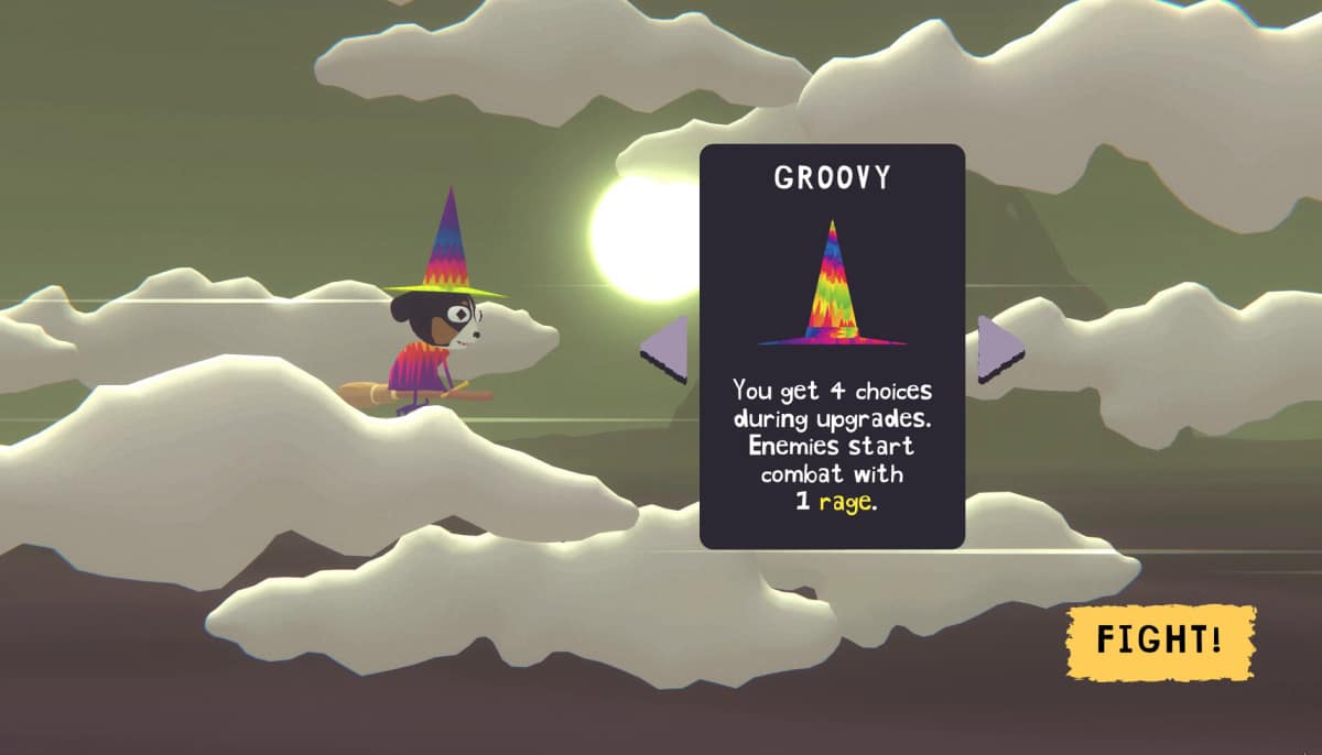 Dog Witch hovering on broom selecting the Groovy hat upgrade before combat in the game Dog Witch