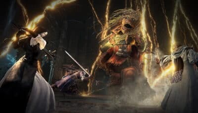 Players fighting the Divine Beast Dancing Lion boss in Elden Ring Nightreign: The Forsaken Hollows