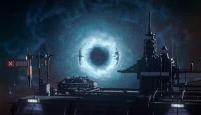 A futuristic space station is set against a swirling blue and black vortex in Squadron 42