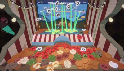 Early gameplay scene from RACCOIN showing a colorful coin pusher filled with tokens and cookies under arcade lights as coins fall into the slot.