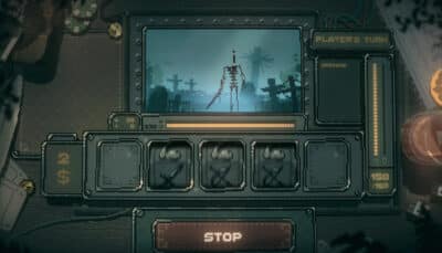 Slots and Daggers screen with a skeleton figure on a blue background. Mechanical interface displays menu options