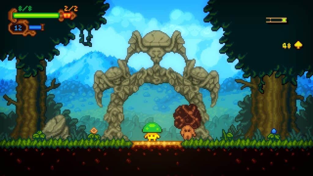 Greencap stands before a stone arch in Lone Fungus