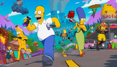 The Simpsons family runs through Springfield with Fortnite-style weapons and gear amid chaos