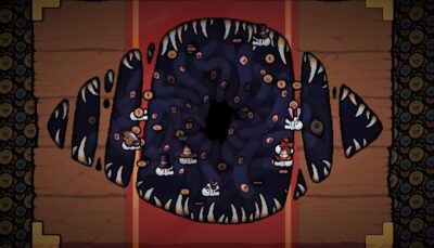 Giant dark maw with teeth opening in the center of the board in Gamblers Table, with multiple small characters and coins scattered around its swirling surface