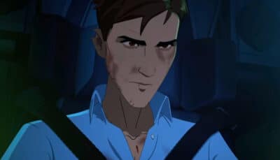 Injured main character sitting in a car during a tense scene from Dispatch