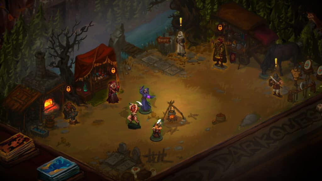 Main camp scene from Dark Quest 4 showing heroes, vendors, and quest givers in a forest setting