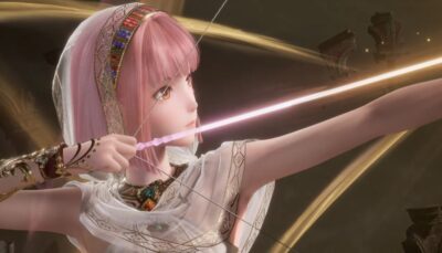 A close-up of a pink-haired girl in an ornate white outfit from Infinity Nikki, pulling back a glowing magical arrow on a bow in a dramatic action pose