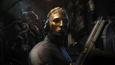 A person with a golden, expressionless face mask stands holding a rifle in 007 First Light