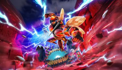 Powerful Ultra Beasts clash amid lightning and red canyon walls in Pokémon TCG Pocket.