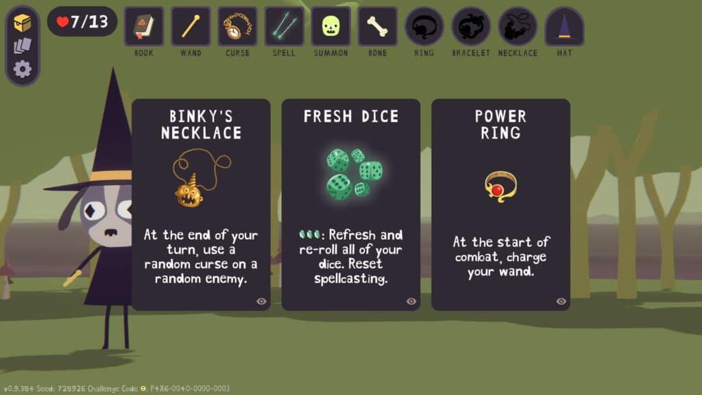 Dog Witch game screen showing item choices Binky’s Necklace, Fresh Dice, and Power Ring during gameplay