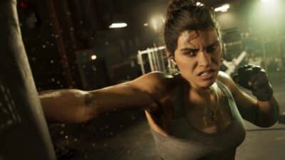 Lucia, the main female protagonist of Grand Theft Auto VI, throwing a punch in a gym, showcasing her strength and determination.