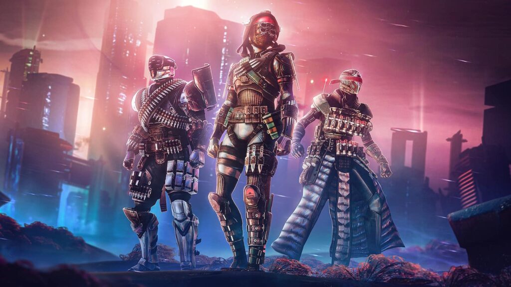 ライトフォールのネオンに照らされた街並みの中で、3人の装甲兵が自信に満ちて立っている。