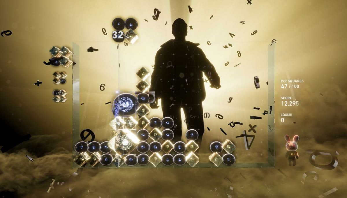 A glowing puzzle grid surrounded by floating letters and a silhouette illuminated by golden light in Lumines Arise.