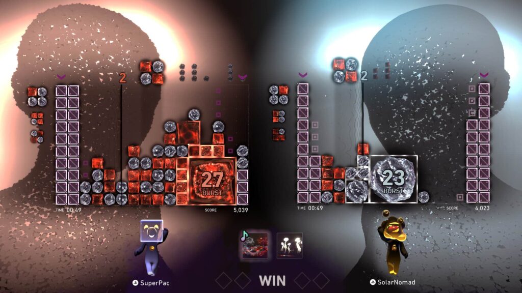 Two players face off in a vibrant puzzle battle with glowing blocks and animated avatars in Lumines Arise.