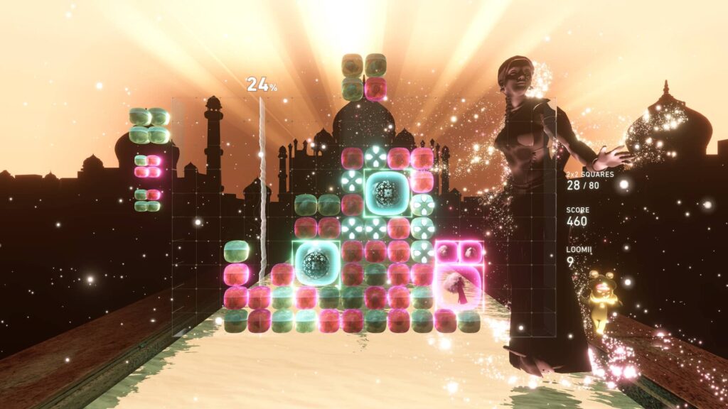 lowing puzzle blocks and a radiant character appear against a temple-inspired sunset background in Lumines Arise.