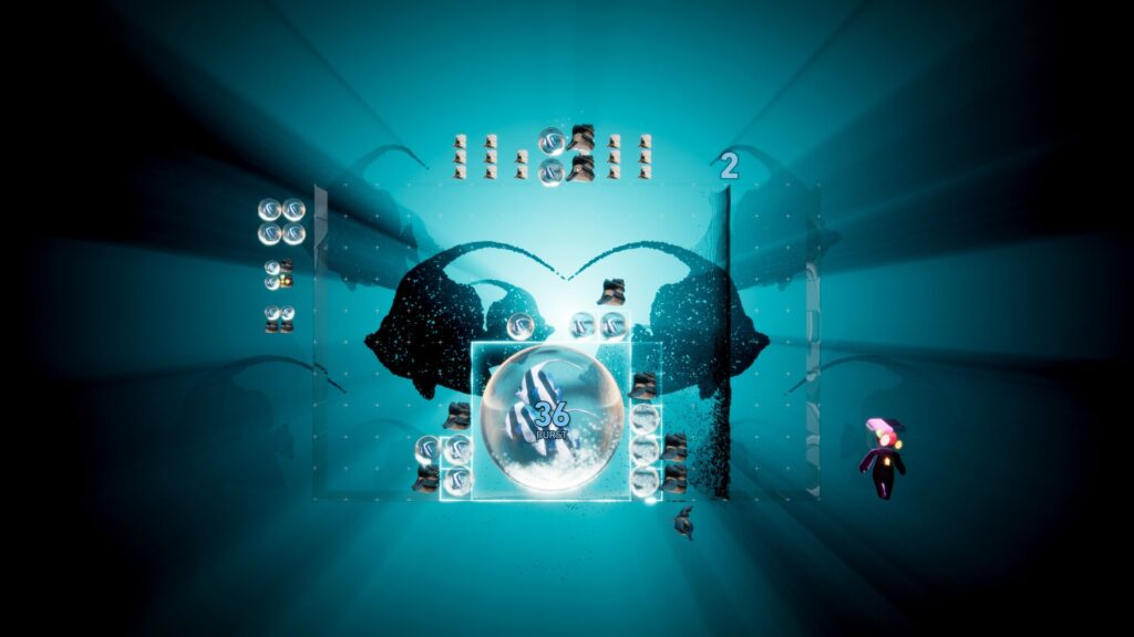 A glowing puzzle grid with aquatic patterns and a small character floating nearby in the rhythm puzzle game Lumines Arise.