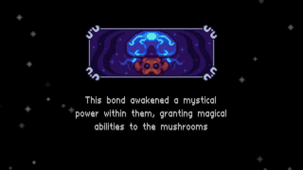 A glowing blue mushroom from Lone Fungus: Melody of Spores gaining magical powers in a pixel art cutscene