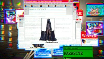 Oneway.exe game screen filled with email pop-ups and glitch effects